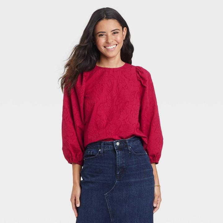 Women's 3/4 Sleeve Jacquard Top - A New Day Dark Pink