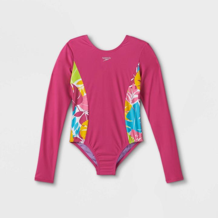 Speedo Girls' Floral Splice Print Long Sleeve One Piece Rash Guard - Pink