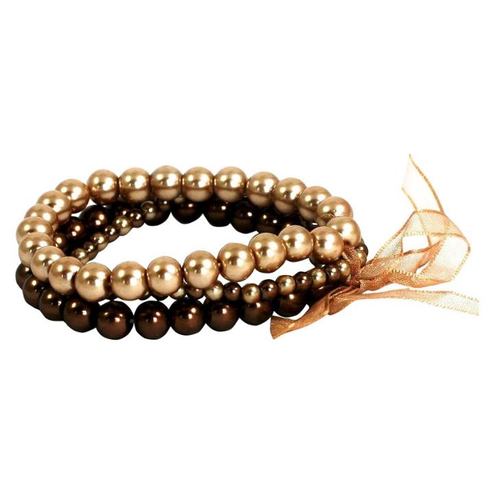 Zirconmania Women's Zirconite 3pc Glass Pearl Stretch Bracelet, Cognac