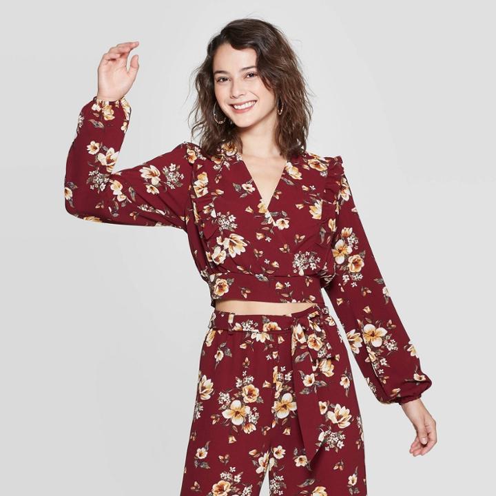 Women's Floral Print Long Sleeve V-neck Ruffle Wrap Top - Xhilaration Burgundy Xs, Women's, Purple