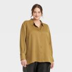 Women's Plus Size Long Sleeve Satin Button-down Shirt - A New Day Olive Green