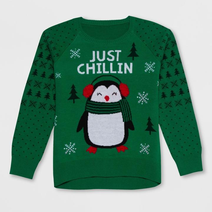 Plus Size Well Worn Girls' 'just Chillin' Penguin Christmas Sweater - Green