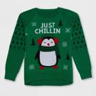 Plus Size Well Worn Girls' 'just Chillin' Penguin Christmas Sweater - Green