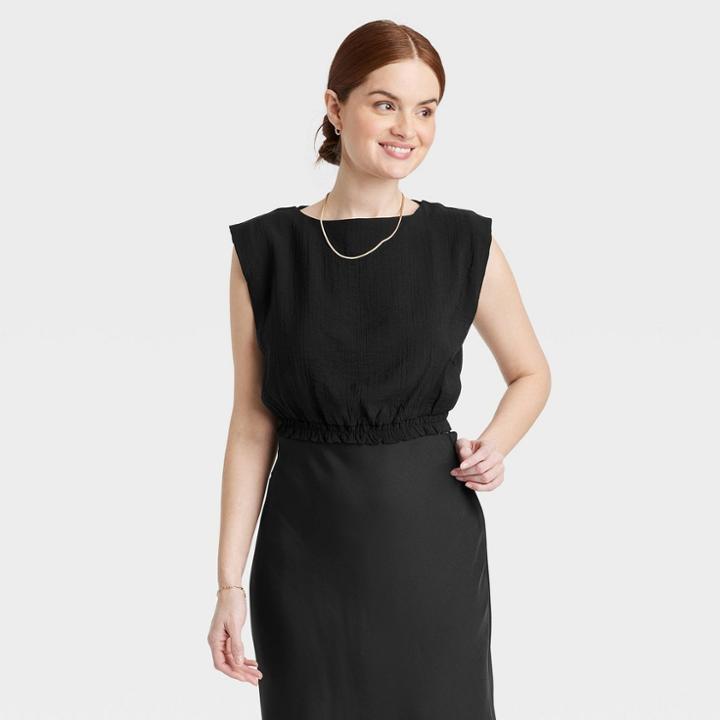Women's Slim Fit Extended Shoulder Gauze Tank Top - A New Day Black