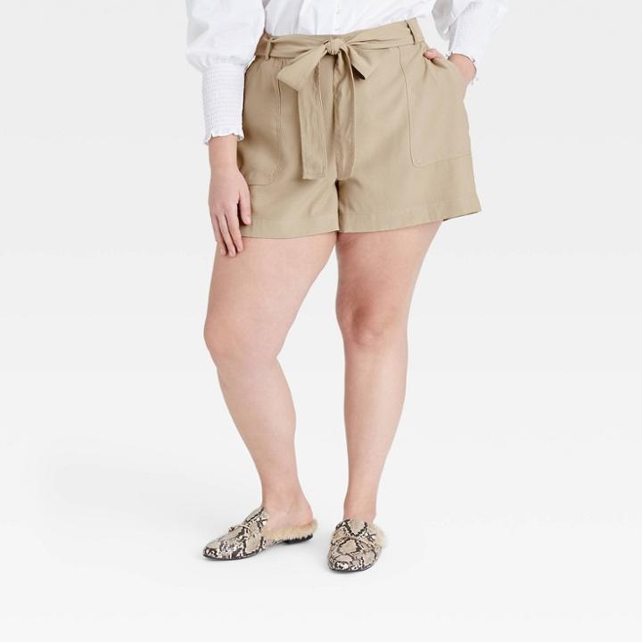 Women's Plus Size High-rise Tie Waist Shorts - A New Day Brown