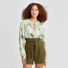 Women's Regular Fit Floral Print Bishop Long Sleeve Collared Blouse - A New Day Light Green