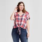 Women's Plus Size Short Sleeve Tie Front Plaid Top - Universal Thread Red X