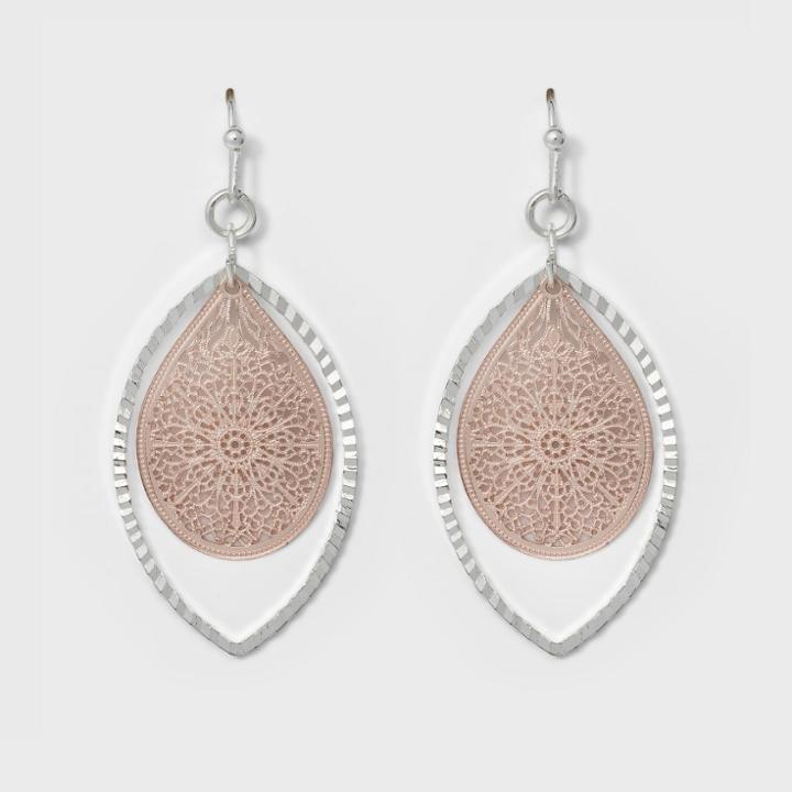 Leaf And Open Oval Earrings - A New Day Silver/rose Gold