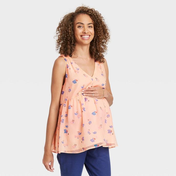 The Nines By Hatch Maternity Floral Print V-neck Smocked Shoulder Chiffon Tank Top Blush Pink
