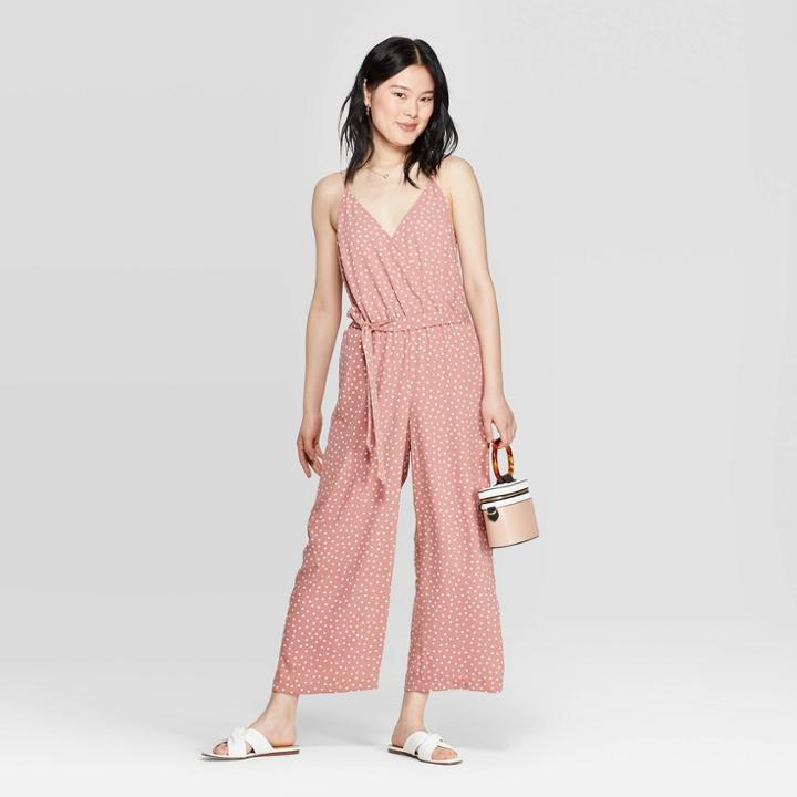 Women's Polka Dot Sleeveless V-neck Strappy Jumpsuit - A New Day Pink