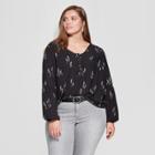 Women's Plus Size Floral Print Long Sleeve Henley Blouse - Universal Thread Black