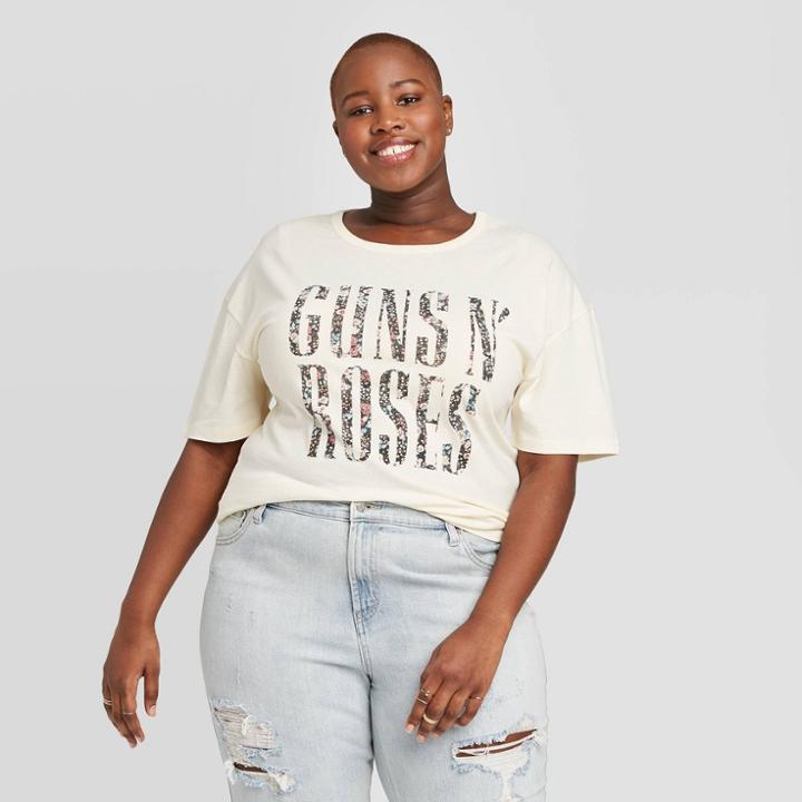 Bravado Women's Guns N' Roses Plus Size Floral Print Short Sleeve Graphic T-shirt (juniors') - White 1x, Women's,