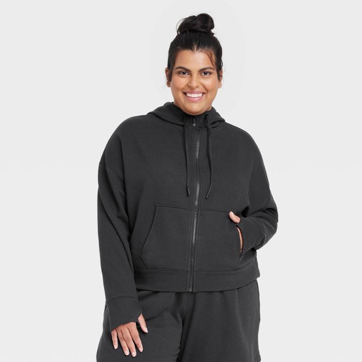 Women's Plus Size Ribbed Fleece Cropped Hooded Sweatshirt - All In Motion Black