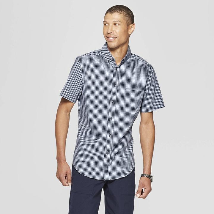 Men's Checkered Slim Fit Short Sleeve Poplin Button-down Shirt - Goodfellow & Co Breaktime Blue