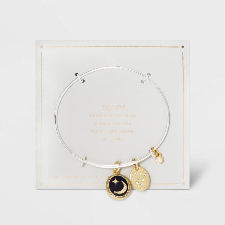 No Brand Silver Plated Two Tone Enamel Moon & Heart Disk Adjustable Bangle Bracelet - Silver Gray, Gray/silver