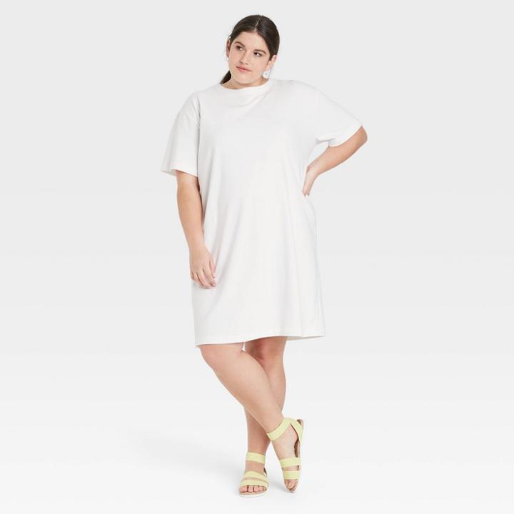 Women's Plus Size Elbow Sleeve Knit T-shirt Dress - A New Day White