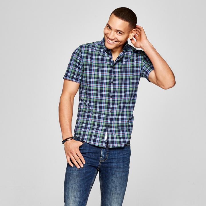 Men's Slim Fit Short Sleeve Soft Wash Northrop Button-down Shirt - Goodfellow & Co Cyber Blue