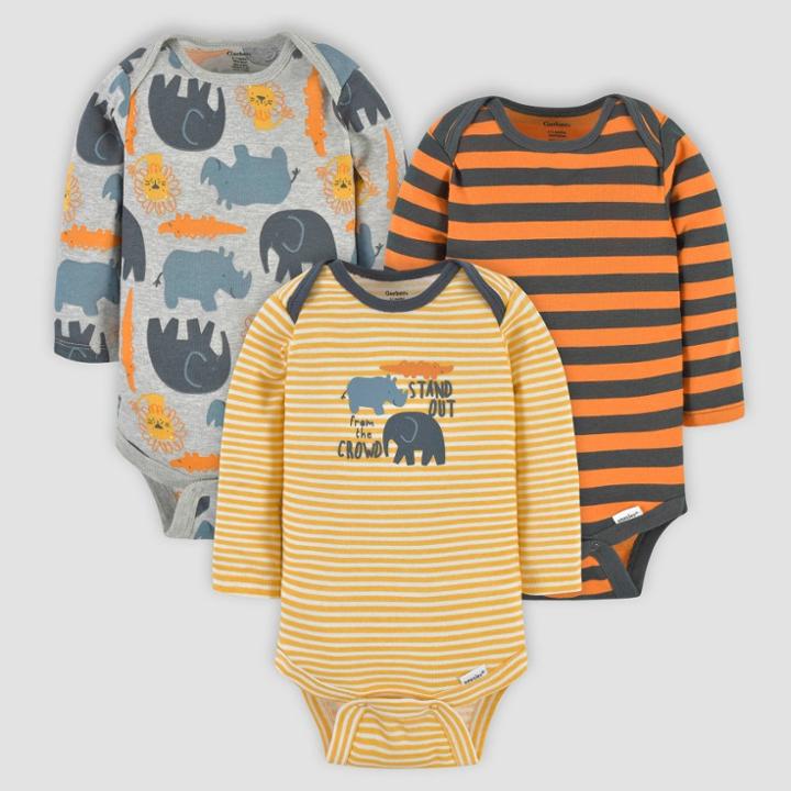 Gerber Baby Boys' 3pk Animals Long Sleeve Onesies - Yellow/orange/gray