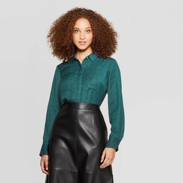 Women's Zig Zag Print Relaxed Fit Long Sleeve Collared Button-down Blouse - A New Day Green