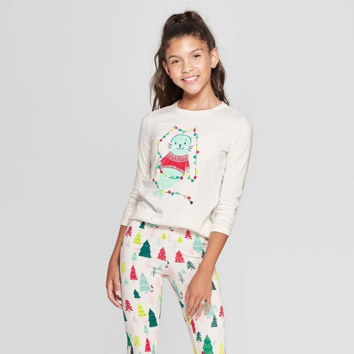 Girls' Long Sleeve Christmas Seal Graphic T-shirt - Cat & Jack Almond Cream