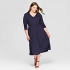 Women's Plus Size Printed Long Sleeve V-neck Knit Wrap Midi Dress - Ava & Viv Navy X, Women's, Blue