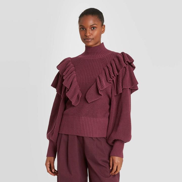 Women's Ruffle Sleeve Mock Turtleneck Pullover Sweater - Prologue Burgundy