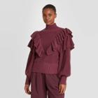 Women's Ruffle Sleeve Mock Turtleneck Pullover Sweater - Prologue Burgundy