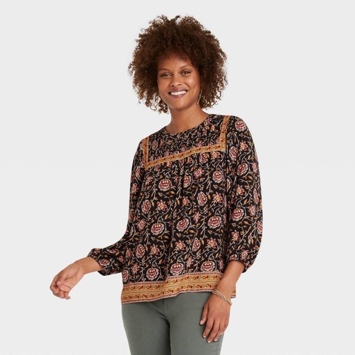 Women's Long Sleeve Pleated Blouse - Knox Rose Black Floral