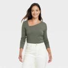 Women's Long Sleeve Asymmetrical Top - A New Day Olive