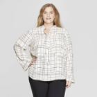 Women's Plus Size Polka Dot Long Sleeve V-neck Popover Blouse - Prologue Cream/black (ivory/black)