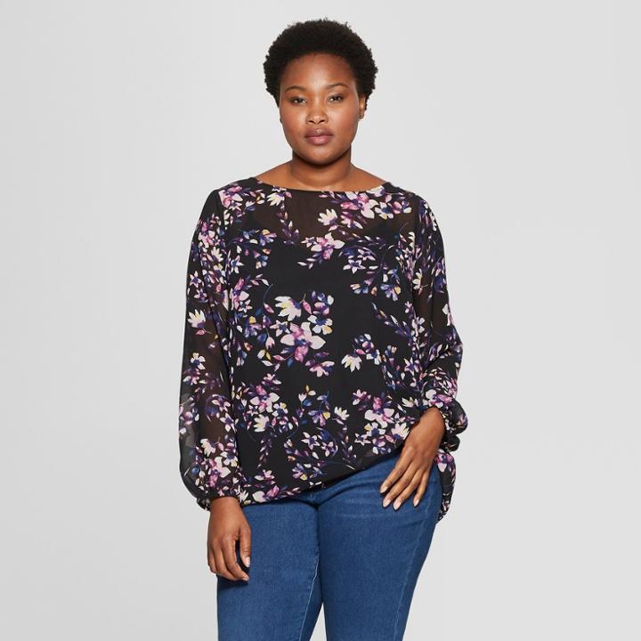 Women's Plus Size Floral Print Long Sleeve Chiffon Blouse With Cami - Ava & Viv Black