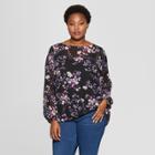 Women's Plus Size Floral Print Long Sleeve Chiffon Blouse With Cami - Ava & Viv Black