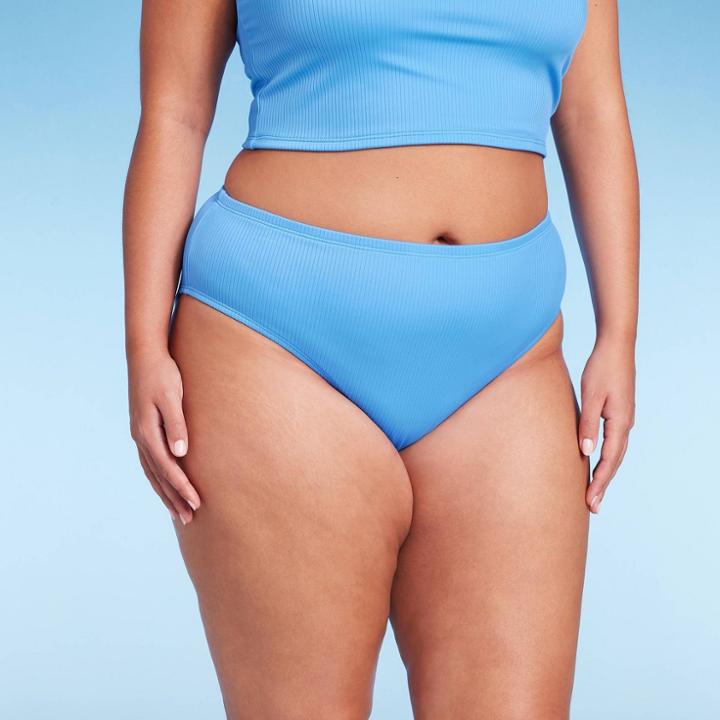 Women's Ribbed Scoop Front High Leg Cheeky Bikini Bottom - Wild Fable Blue