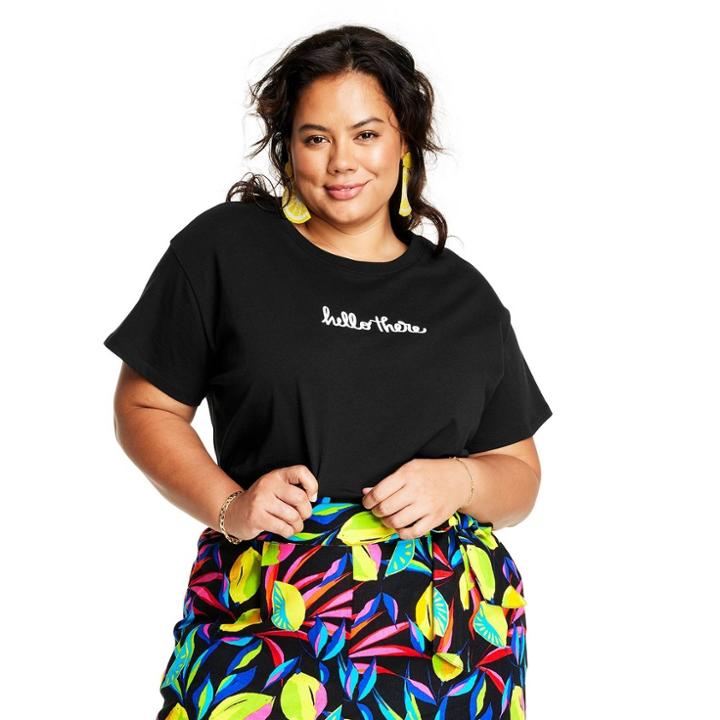 Women's Plus Size Hello There Short Sleeve Embroidered T-shirt - Tabitha Brown For Target Black