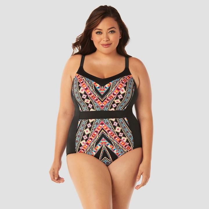 Women's Plus Size Slimming Control One Piece Swimsuit - Beach Betty By Miracle Brands Black Print 2x,
