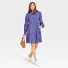 Women's Geometric Print Long Sleeve Tiered Babydoll Dress - A New Day Blue/purple