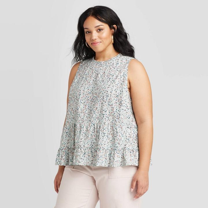 Women's Plus Size Floral Print Crewneck Tiered Cropped Tank Top - Universal Thread Mint 1x, Women's, Size: 1xl,