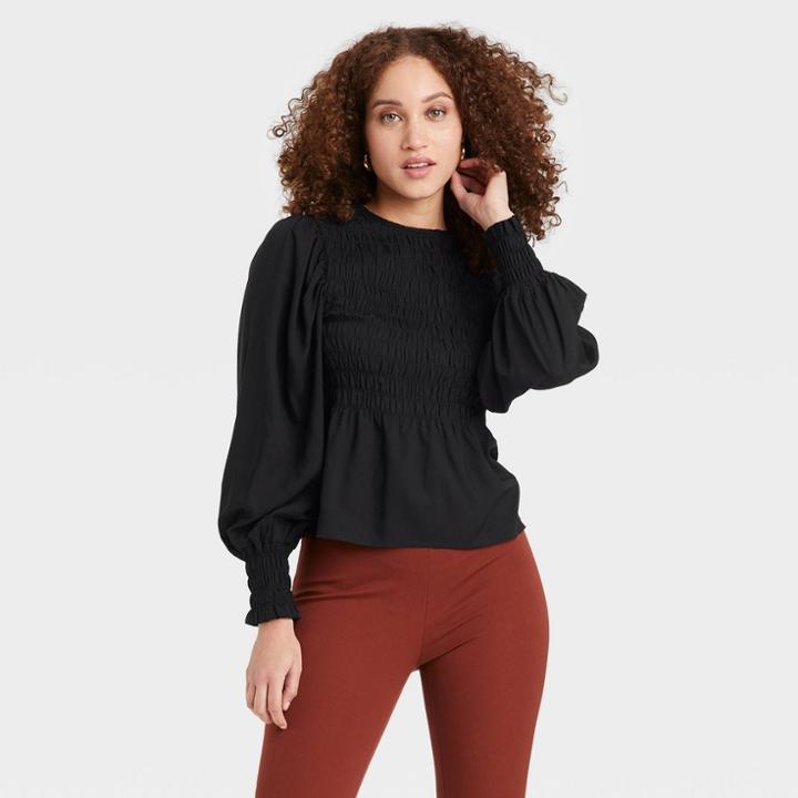 Women's Long Sleeve Smocked Top - A New Day Black