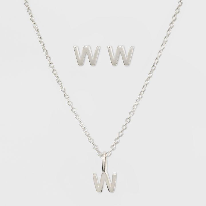 Sterling Silver Initial W Earrings And Necklace Set - A New Day Silver, Girl's,