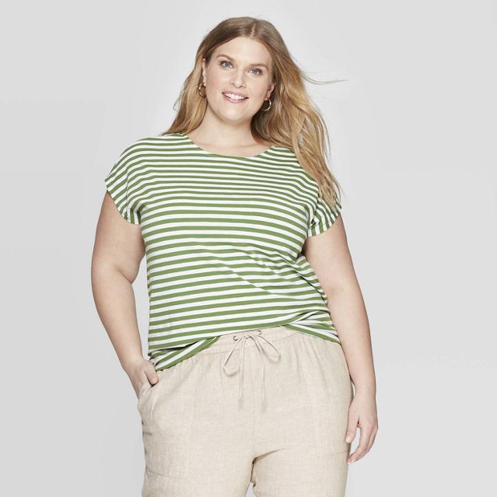 Women's Plus Size Striped Short Sleeve Crewneck Tie Back T-shirt - Ava & Viv Green/white