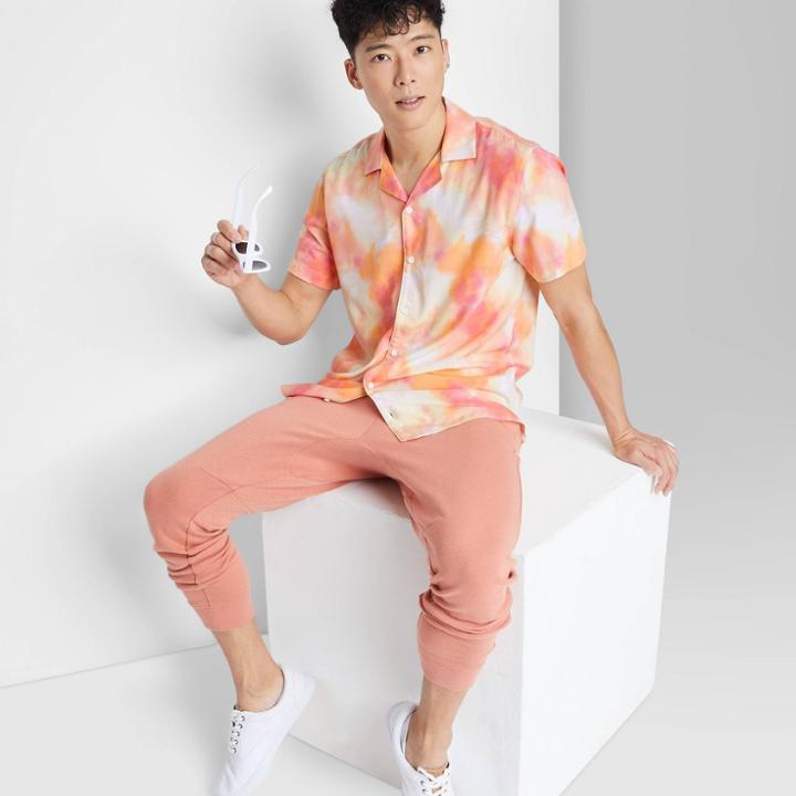 Adult Short Sleeve Button-down Shirt - Original Use Yellow Tie-dye Design