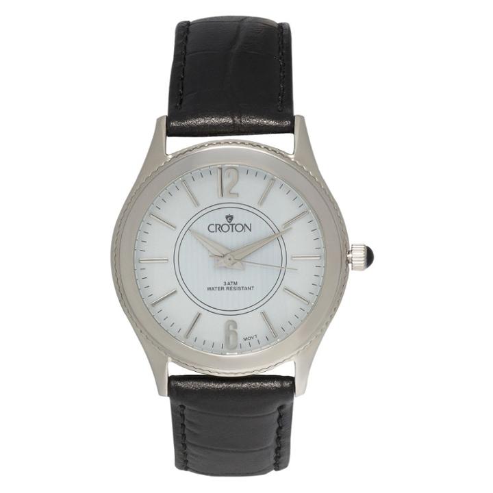 Men's Croton Stainless Steel Watch With Black Leather Band,