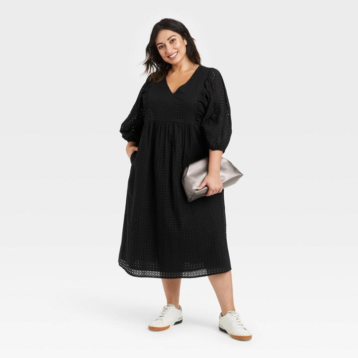 Women's Plus Size Balloon 3/4 Sleeve Eyelet Dress - A New Day Black