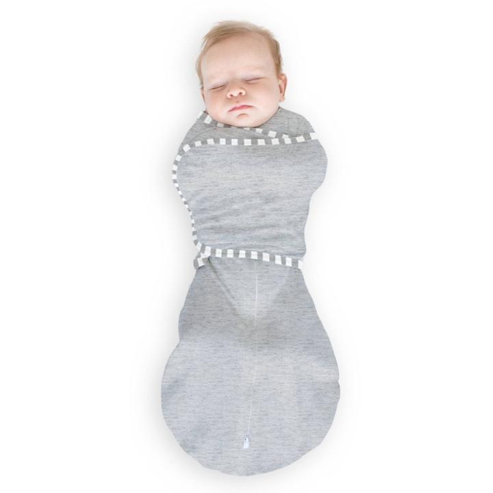 Swaddledesigns Omni Swaddle Wrap & Arms Up Sleeves & Mitten Cuffs - Heathered Gray With Stripe Trim