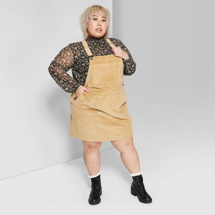 Women's Plus Size Square Neck Corduroy Pinafore Mini Dress - Wild Fable Tan 4x, Women's,