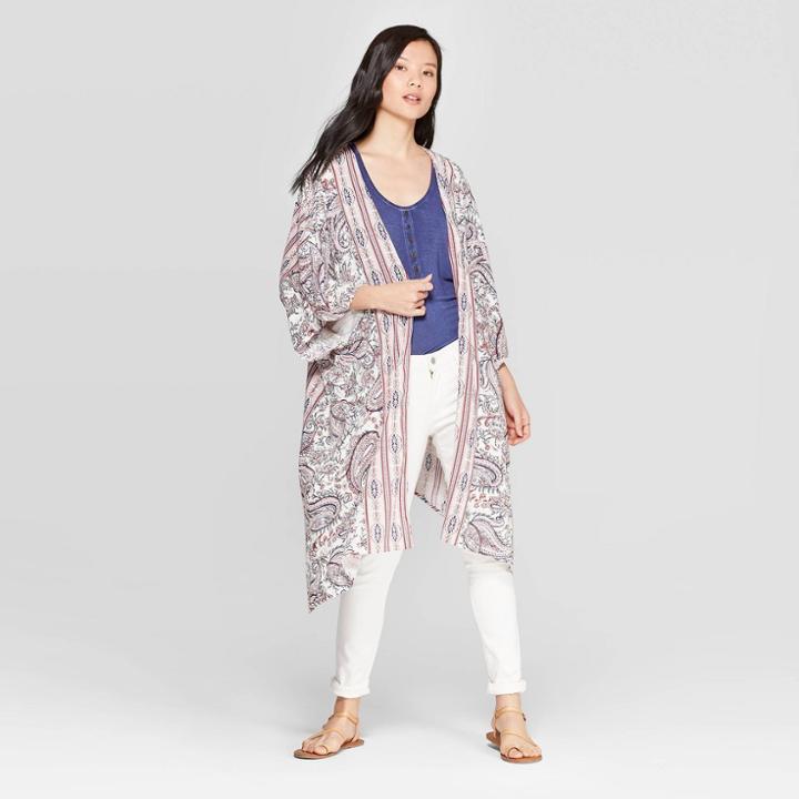 Women's 3/4 Sleeve Border Print Lace-up Back Kimono Jacket - Knox Rose L,