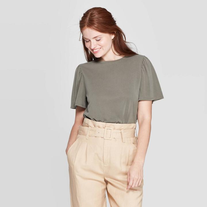 Women's Flutter Short Sleeve Crewneck Sandwash T-shirt - A New Day Olive (green)