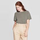 Women's Flutter Short Sleeve Crewneck Sandwash T-shirt - A New Day Olive (green)
