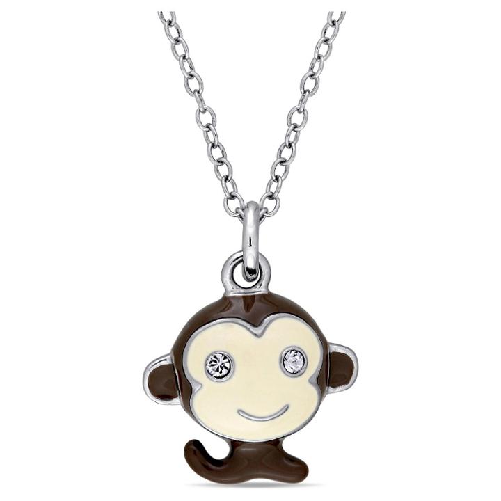 Target Children's Enameled Monkey Pendant Necklace With .04 Ct. T.w. Created Crystal In Sterling Silver - (14), Girl's, White