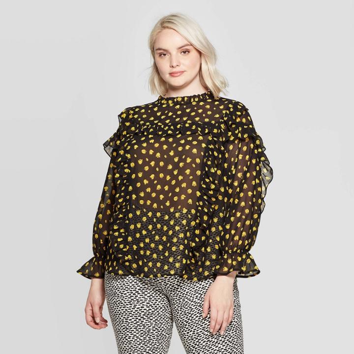Women's Plus Size Floral Print Ruffle Long Sleeve Collared Back Button-down Blouse - Who What Wear Violet Tulip